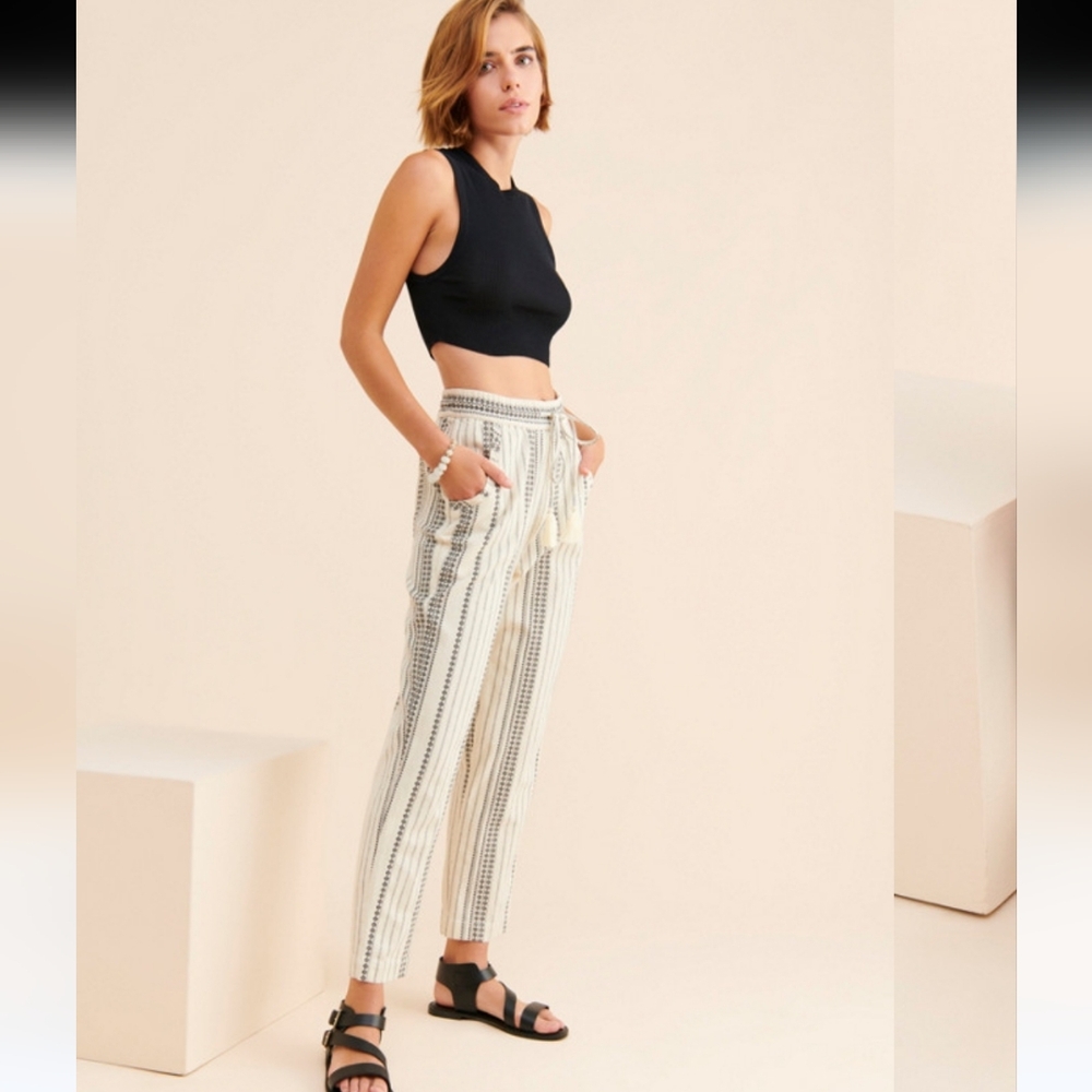 Anthropologie Beach Trousers  White Embroidered Boho Striped High Rise Pants